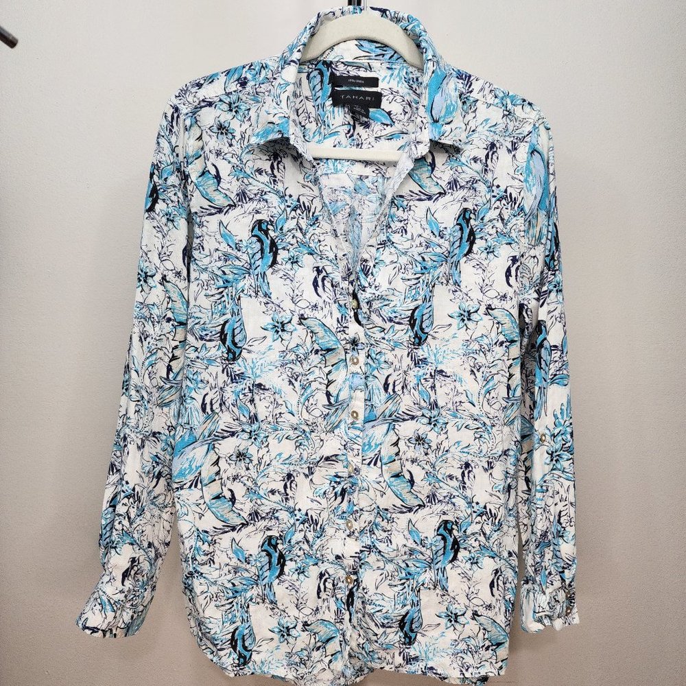Vibrant Tropical Bird & Floral Print Long Sleeve Linen Top by Tahari